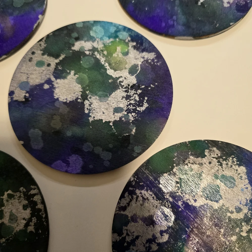 HANDCRAFTED Abstract Room Decor HANDPAINTED 6 Wood Coasters & Lightswitch Case - Picture 6 of 14